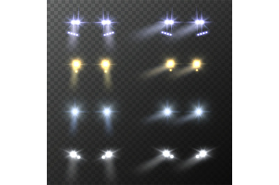 Car headlights. Realistic round bright cars headlight&2C; light flares an