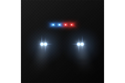 Police car headlights. Patrol police car with flashing light and headl