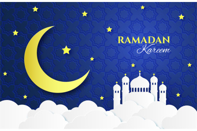 Paper Ramadan. Mosque&2C; yellow moon and stars&2C; clouds paper cut origami