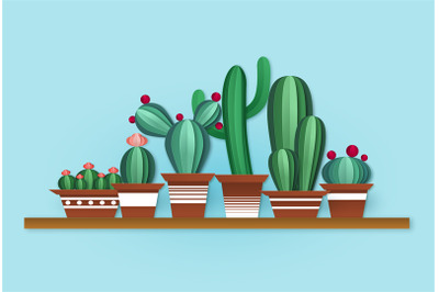 Paper cactus. Cute cacti with flowers in pots on shelf in origami styl