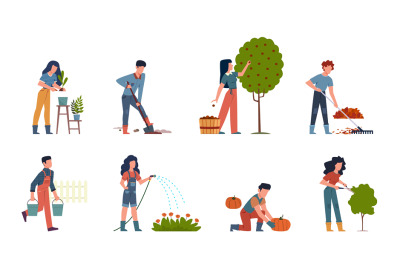 People gardening. Characters doing farming job watering, gathering, pl