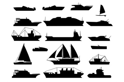 Maritime vessel silhouette. small sailboat, travel cruise boats and sh