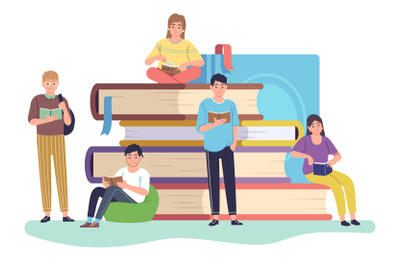 Readers. Small people reading giant books sitting and standing on book