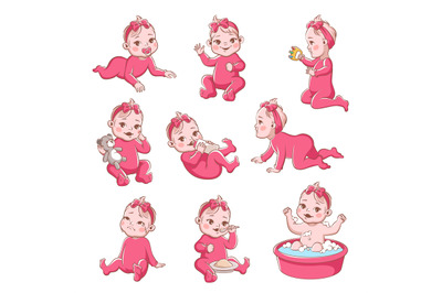 Baby girl. Cute infant with different emotions happy child, crying gir