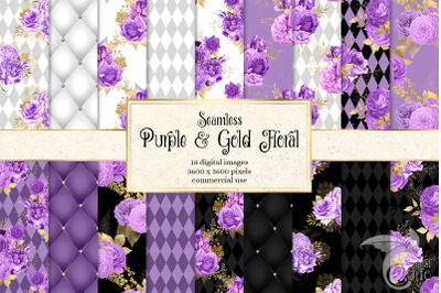 Purple and Gold Floral Digital Paper