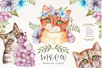 Watercolor Cats and Flowers