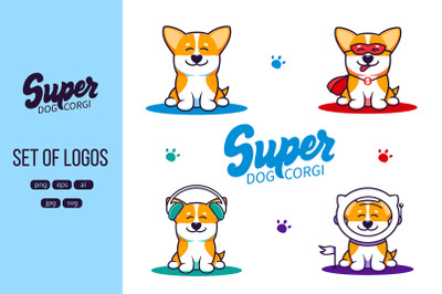 Set of logos Funny dogs, corgi