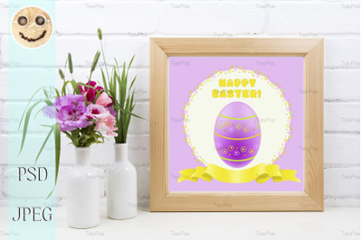 Wooden square frame mockup with pink godetia flowers.