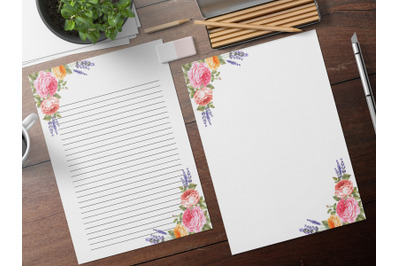 Watercolor Rose and Lavender Printable Stationery, Digital Lined Paper