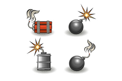 Cartoon Explosive Bomb Retro Emblem Set