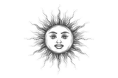 Esoteric Emblem of Sun Drawn in Vintage Engraving Style