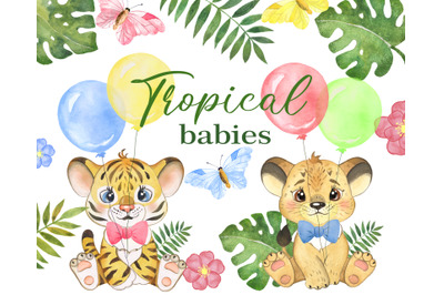 Watercolor Tropical Animals clipart. Cute tiger cub and lion cub
