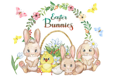 Watercolor Easter Bunny clip art Baby Happy Easter set flower clipart