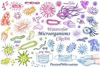 Watercolor microorganisms clipart, Virus, Microbes, bacteria, PNG