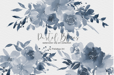 Pastel Blue Watercolor Floral Clip Art Set