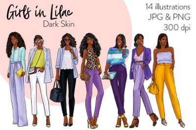 Watercolor Fashion Clipart - Girls in Lilac - Dark skin