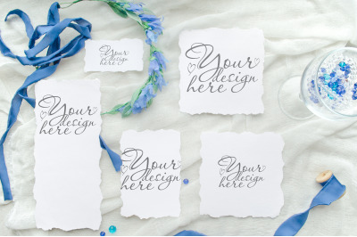 Classic blue wedding cards set mock up