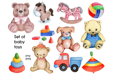 Set of baby toys. Watercolor hand drawn.