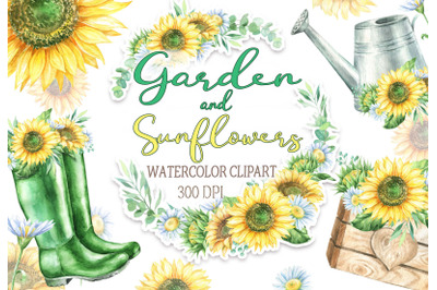 Watercolor sunflowers daisies garden clipart watering can rubber boots