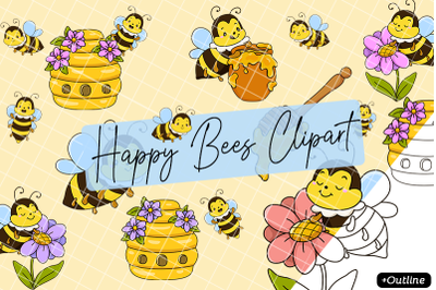 Happy Bees Flowers Hive Honey Dipper Cute Png Clipart