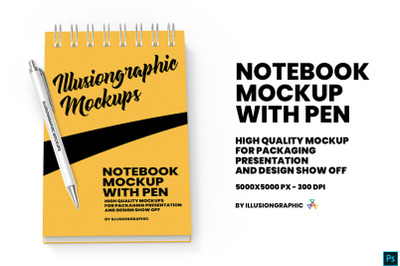 Notebook mockup with pen