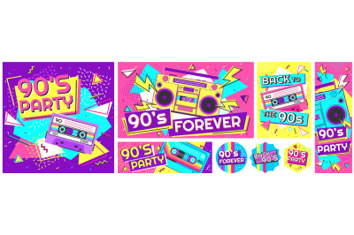 Retro 90s music party poster. Back to the 90s&2C; nineties forever banner