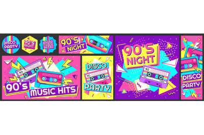 Funky 90s disco party poster. Nineties music hits banner, 90s dancing