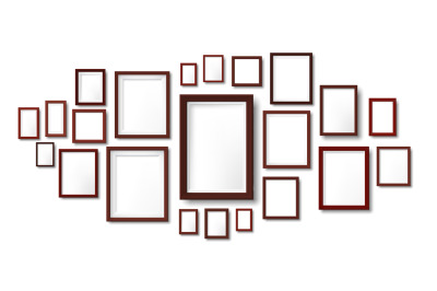 Dark wooden frames composition mockup. Photo frame hanging on wall&2C; pi