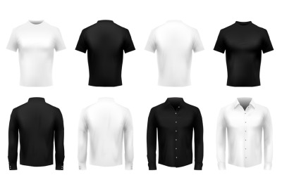 Realistic t-shirt and shirt mockup. Formal male uniform, black wearing