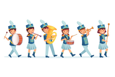 Cartoon kids marching band parade. Child musicians on march, childrens