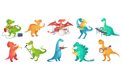 Dinosaur play music. Tyrannosaurus rockstar play guitar, dino drummer