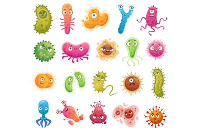 Cartoon bacteria mascot. Virus character, bacterias with funny faces.