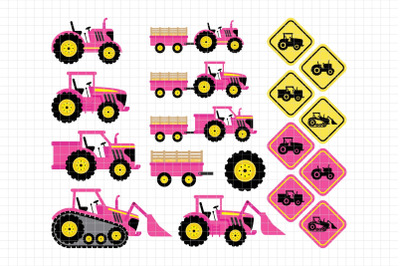 Pink Tractors-Digital Clipart (LES.CL57A)