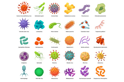 Bacteria and virus icons. Disease-causing bacterias, viruses and micro