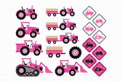 Pink Tractors-Digital Clipart (LES.CL57B)