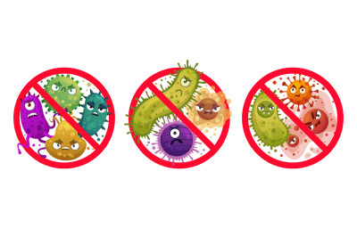 Bacteria in prohibition sign. Comic crossed out microbes and viruses,