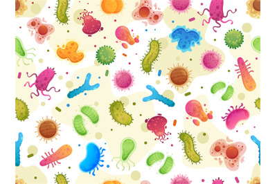 Seamless bacteria pattern. Color germs, microorganism cells microscopi