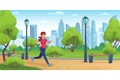 Girl jogging in city park. Active woman run on training, outdoor sport