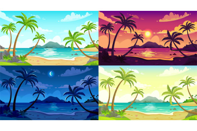 Daytime beach landscape. Sunny day seascape, night ocean and sunset be