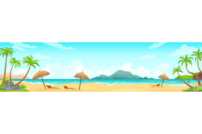 Daytime beach landscape. Sandy beaches with tropical palms. Sunny day,