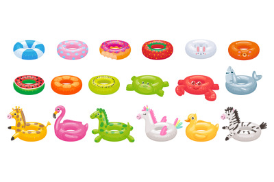 Cartoon swimming ring. Funny flamingo&2C; shark&2C; unicorn and duck floatin