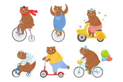 Cartoon biked bear. Bears on children tricycle, unicycle and retro bic