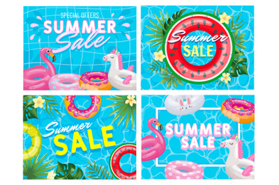 Summer sale banner. Summer pool deal flyer&2C; fancy pink flamingo and wa