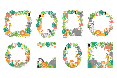 Cartoon animals frame. Jungle animal in tropical leaves, cute frames w