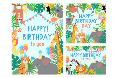 Cartoon happy birthday animals card. Congratulations cards with cute s