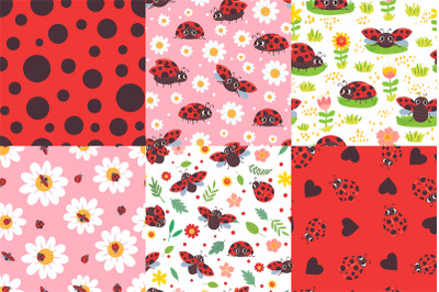 Cartoon ladybug seamless pattern. Ladybird texture, ladybugs in flower