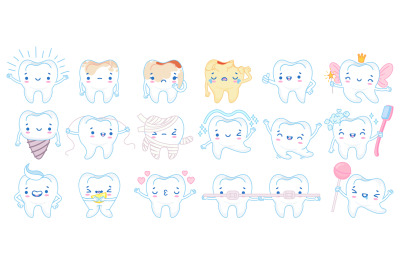 Cartoon tooth mascot. Happy smiling teeth treatment characters, toothp