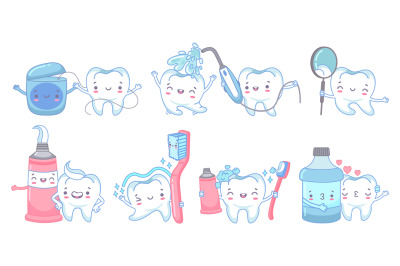 Cartoon dental care. Teeth cleaning with toothpaste and toothbrush. De