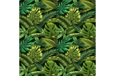 Green tropical leaves seamless pattern. Color monstera and tropic palm