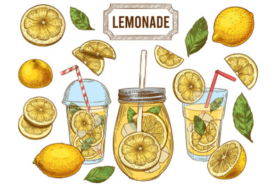 Sketch lemonade. Summer cold drinks, hand drawn yellow lemons slices a